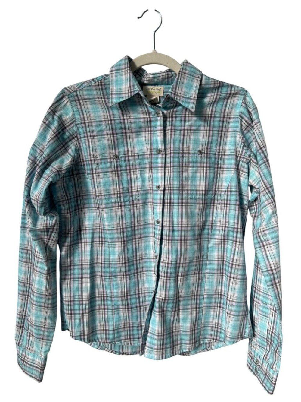 Wrangler Shirt Size Medium Plaid Button Down Aqua Western Ranch Rodeo Cowgirl
